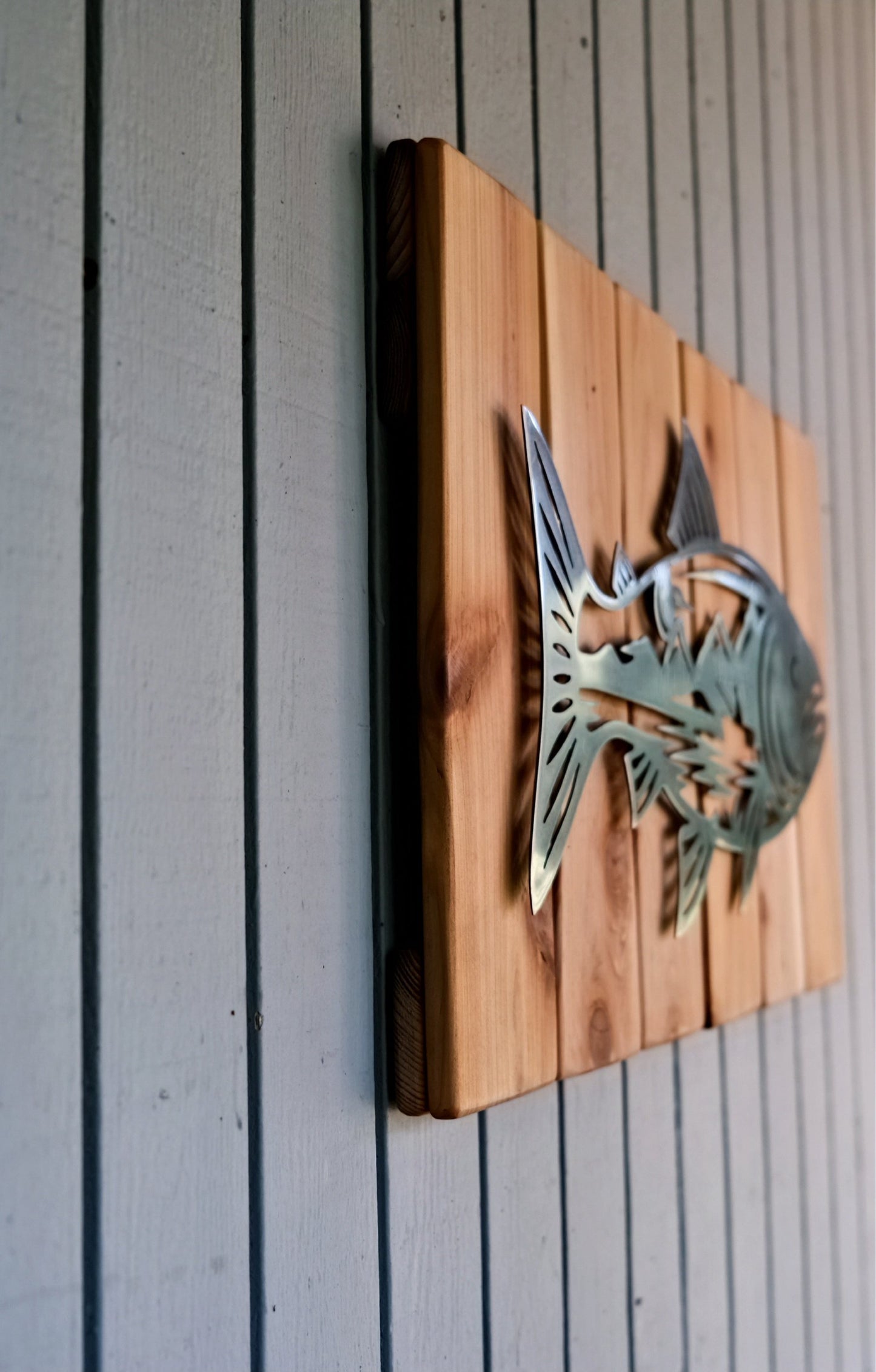 Metal Fish Wall Art with Mountain Scene