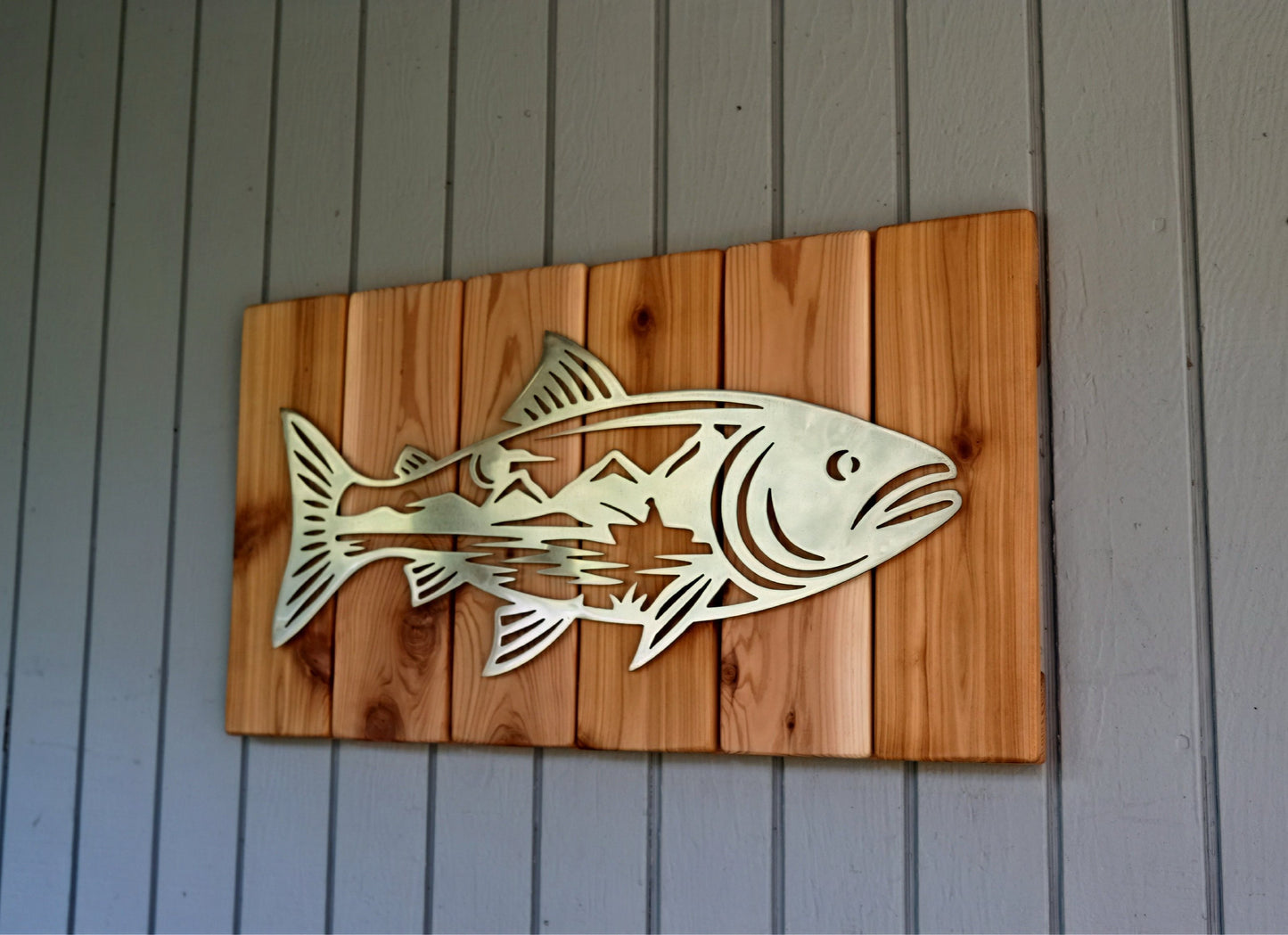 Metal Fish Wall Art with Mountain Scene