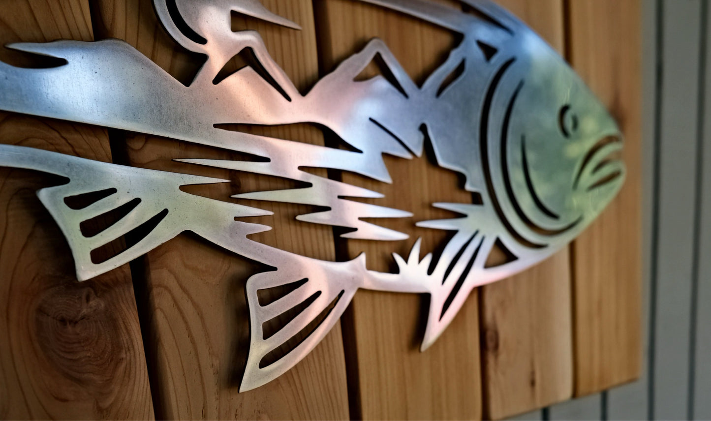 Metal Fish Wall Art with Mountain Scene