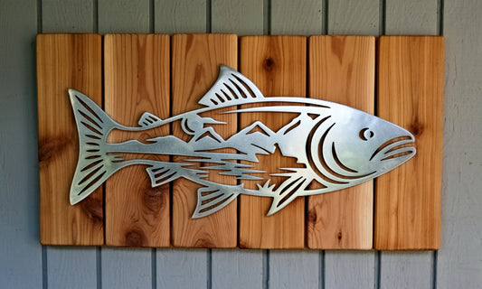 Metal Fish Wall Art with Mountain Scene